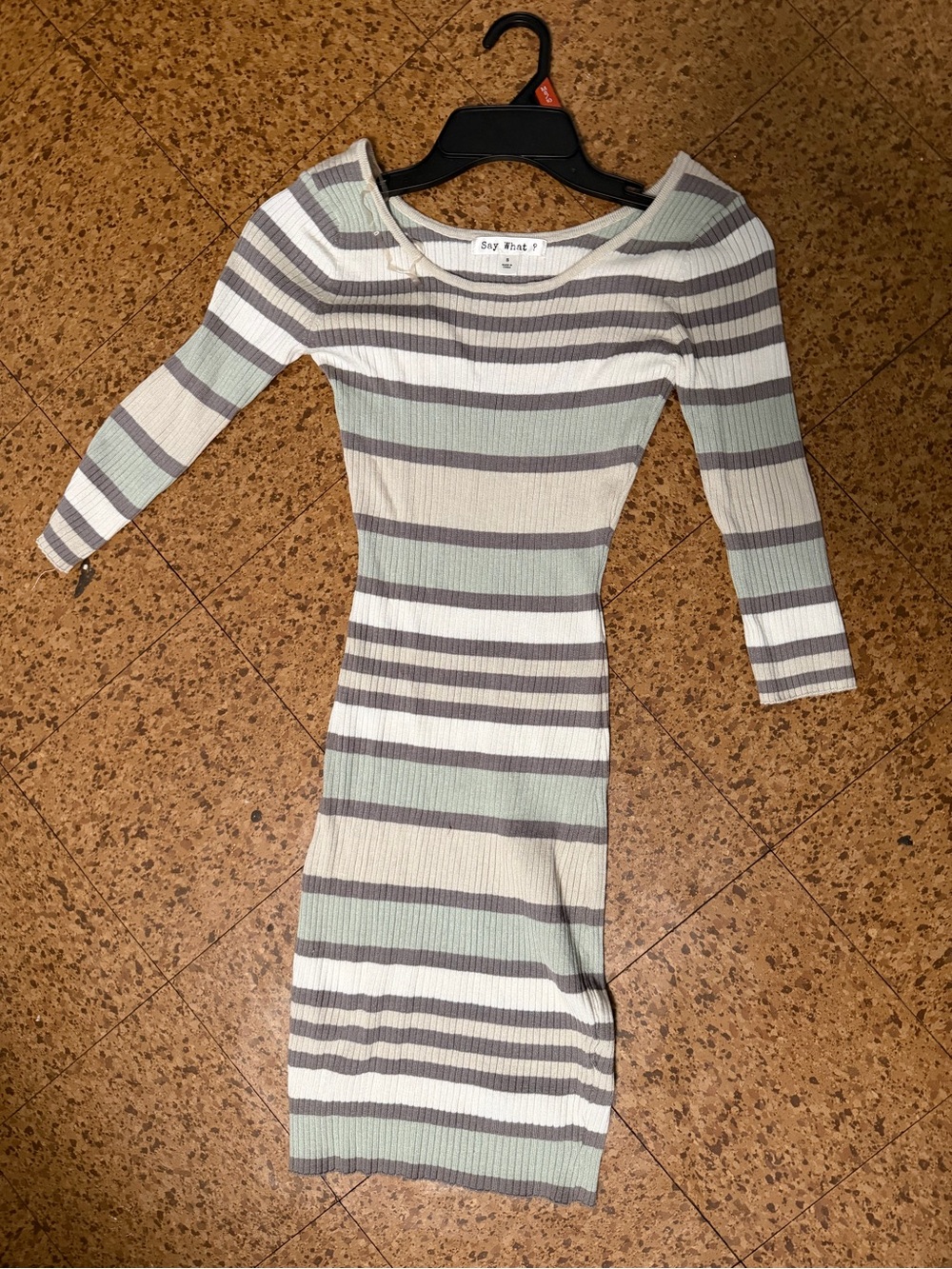 Say What? Ribbed Striped Long Sleeve Midi Dress in Sage, Gray, and White